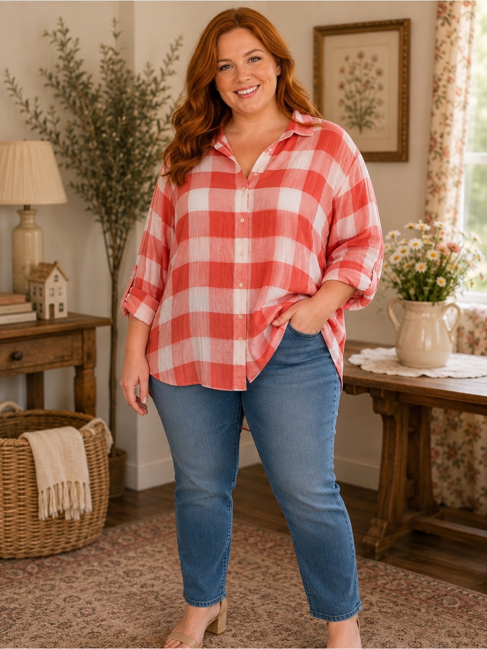 Lane Bryant Coral and White Gingham Button-Up